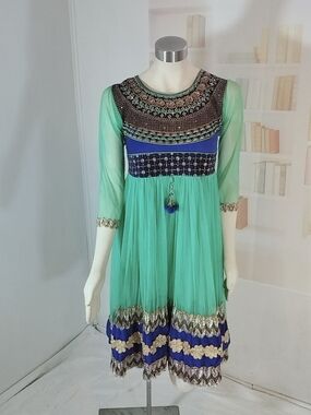 & Other Stories Mint Green and Royal Blue Embroidered Girls' Dress